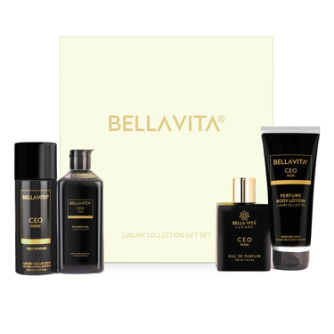 Bella Vita Luxury Ceo Men Gift Set With Charcoal Wood Body Wash 250 Ml For Deep Cleansing, Edp Perfume100 Ml, No Gas Deo Body Parfum 150 Ml And Perfume Body Lotion 200 Ml